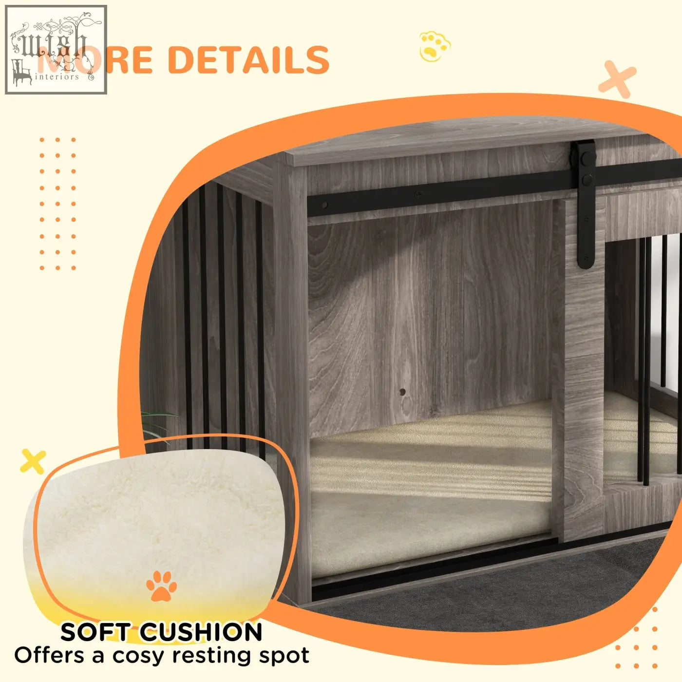 Gray wood-paneled pawhut dog crate with black metal sliding door and soft cushion for medium dogs furniture