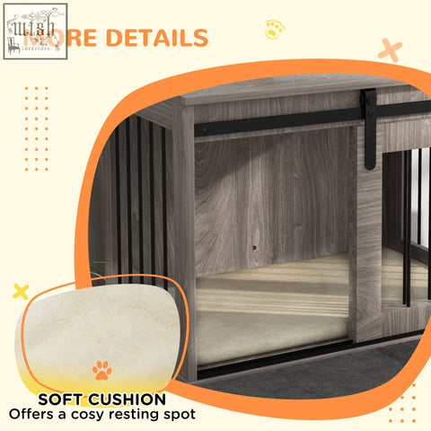Gray wood-paneled pawhut dog crate with black metal sliding door and soft cushion for medium dogs furniture