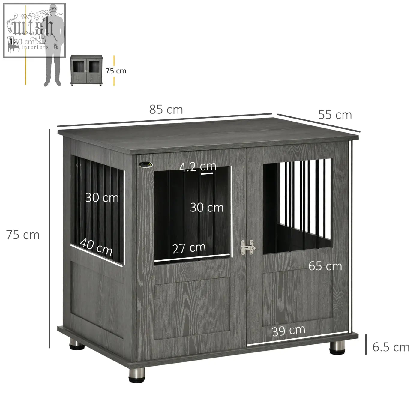 Gray wooden pawhut dog cage with black slats and silver latch featuring magnetic door for indoor use