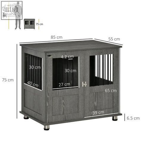 Gray wooden pawhut dog cage with black slats and silver latch featuring magnetic door for indoor use