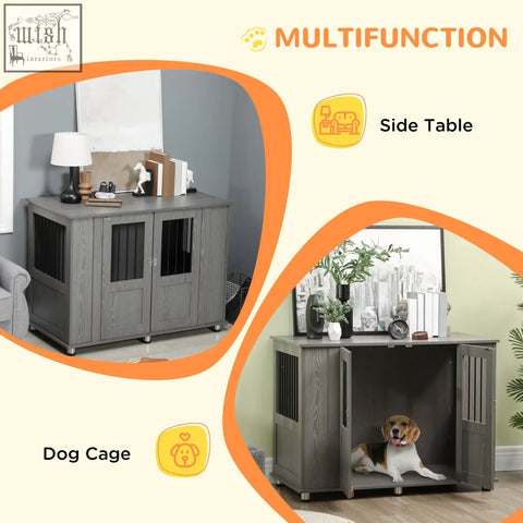 Gray wooden pawhut dog cage with magnetic door and side table for indoor use featuring glass-paneled doors