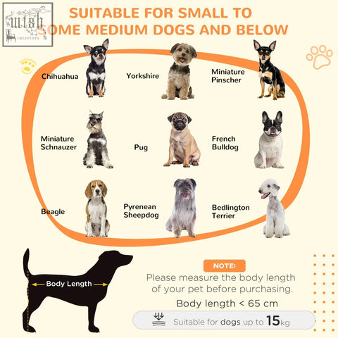 Infographic showing pawhut dog cage body length measurement with magnetic door for indoor use grey dog crate table