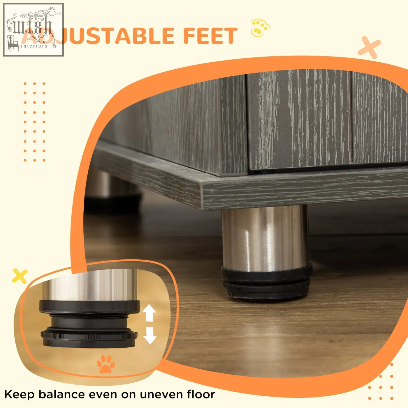 Adjustable feet with stainless steel body and rubber base on grey pawhut dog crate table with magnetic door for indoor use