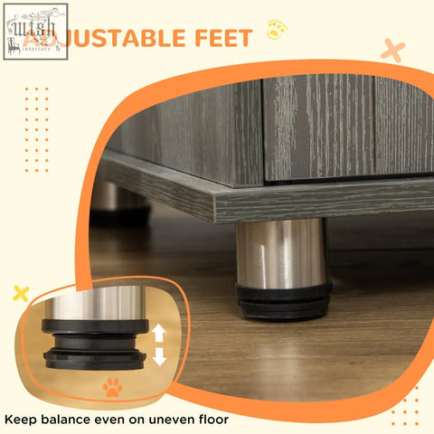 Adjustable feet with stainless steel body and rubber base on grey pawhut dog crate table with magnetic door for indoor use