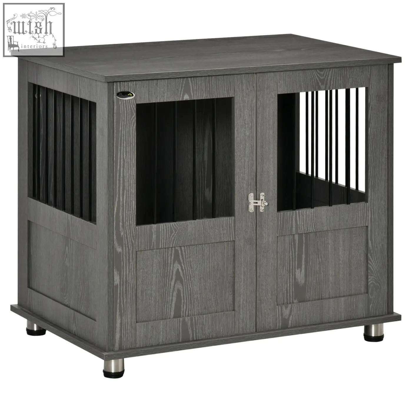 Gray wooden pawhut dog crate table with black vertical slats silver hardware and magnetic door for indoor use