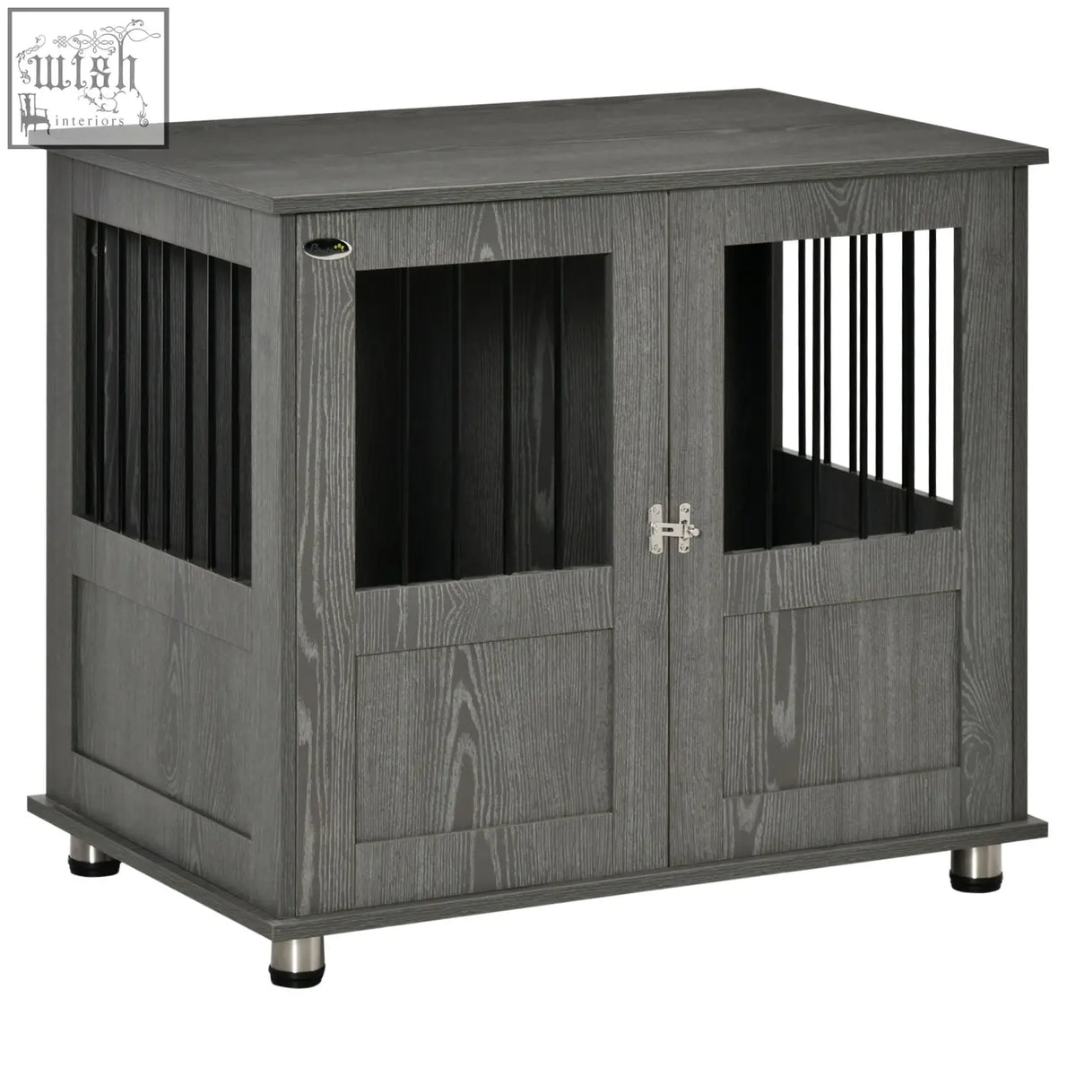 Gray wooden pawhut dog crate table with black vertical slats silver hardware and magnetic door for indoor use