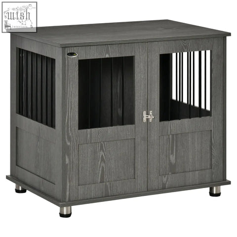 Gray wooden pawhut dog crate table with black vertical slats silver hardware and magnetic door for indoor use