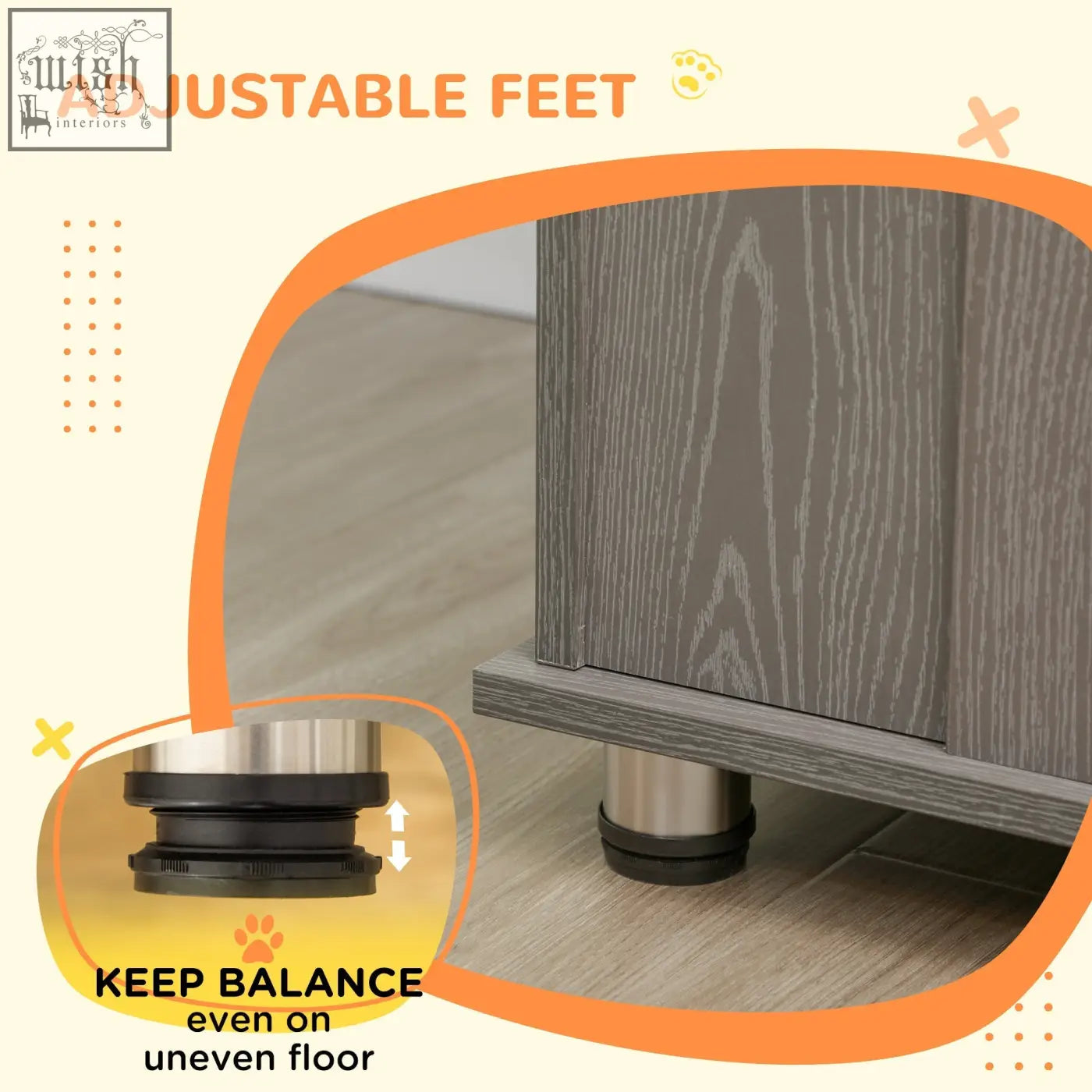 Adjustable feet with stainless steel base and black rubber cap on pawhut dog crate table with magnetic door grey