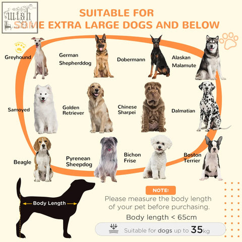 Chart with dog breed sizes and pawhut dog crate table in grey featuring a magnetic door for indoor use