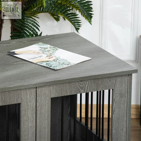 Gray wood-grain pawhut dog crate table with black slats and magnetic door for indoor use as dog cage