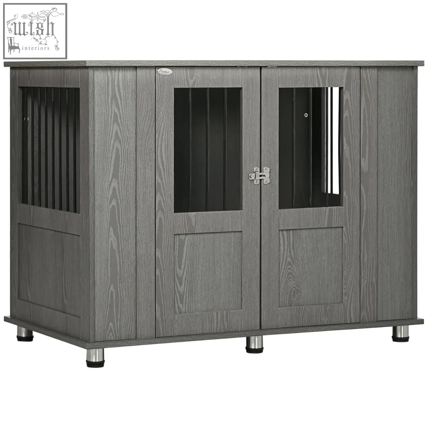 Gray wooden pawhut dog cage with magnetic door double doors black slats and silver latch for indoor use