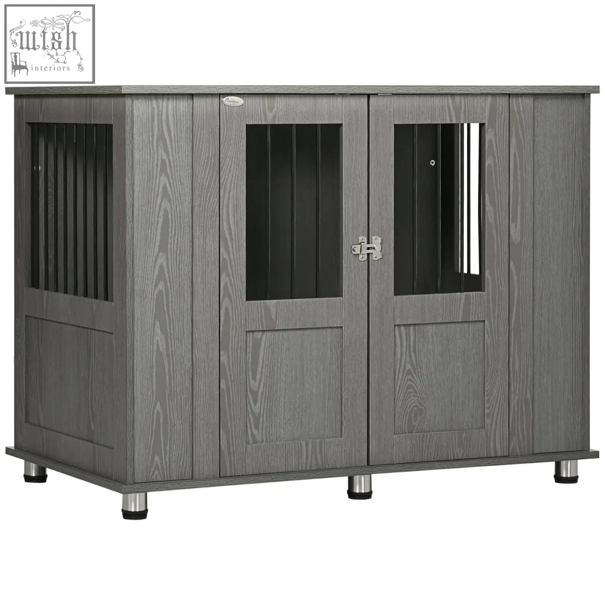 Gray wooden pawhut dog cage with magnetic door double doors black slats and silver latch for indoor use