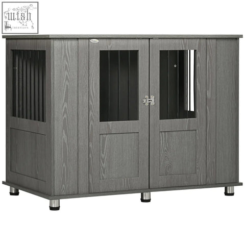 Gray wooden pawhut dog cage with magnetic door double doors black slats and silver latch for indoor use