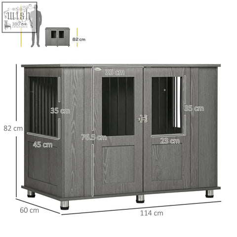 Gray wooden pawhut dog cage with magnetic door and two doors for indoor use medium and large dogs