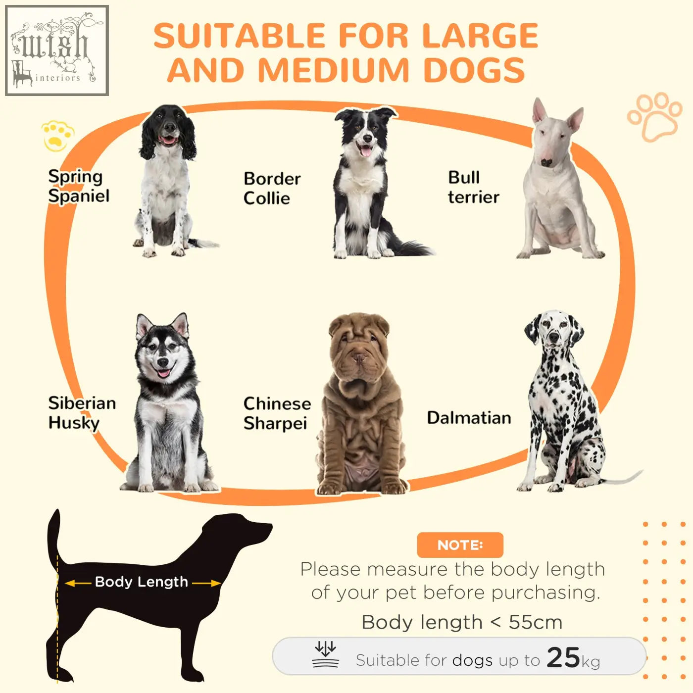 Chart showing seven dog breeds with pawhut dog crate table in grey featuring magnetic door for indoor use
