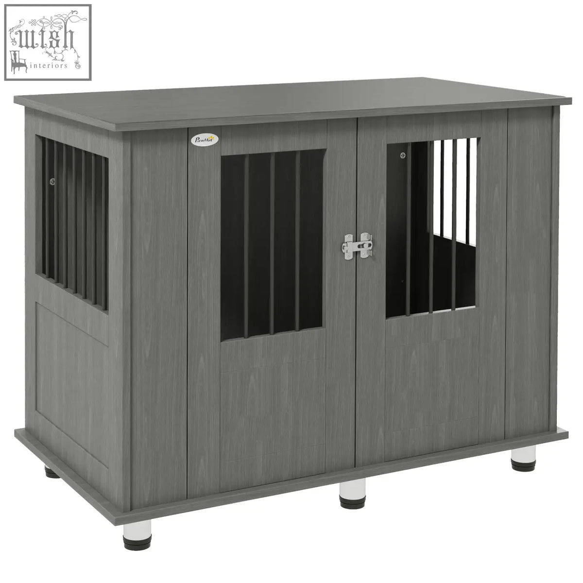 Gray wooden pawhut dog cage with black slats and silver latch featuring magnetic door for indoor use