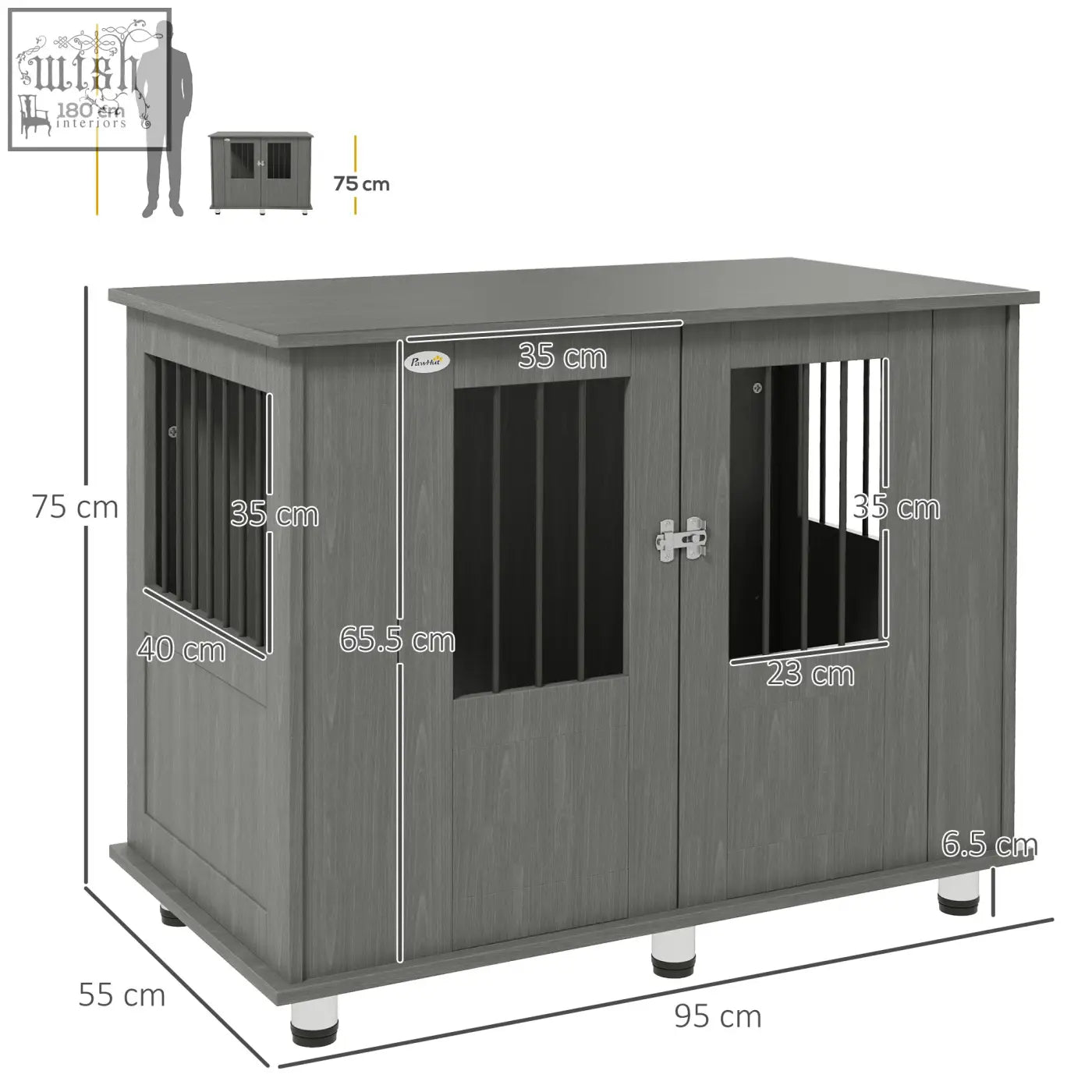Gray wooden pawhut dog cage with magnetic door and black slats for indoor use 95 x 55 x 75 cm