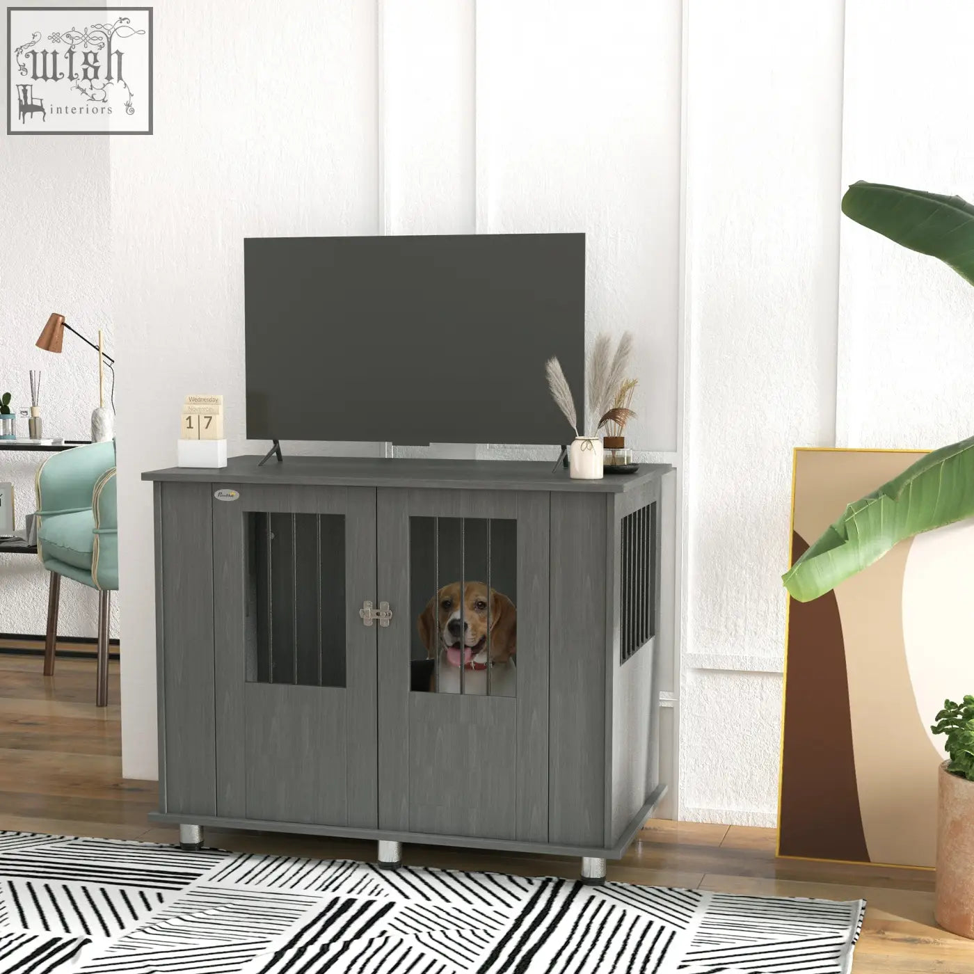 Gray wooden pawhut dog cage with glass doors and magnetic door designed as indoor dog crate table