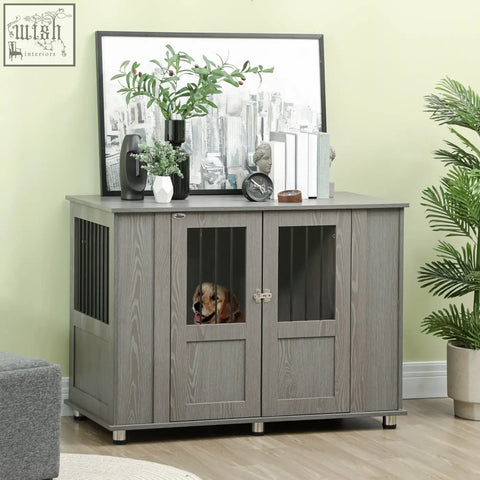 Gray wooden pawhut dog crate table with magnetic door and glass panels featuring small brown dog inside