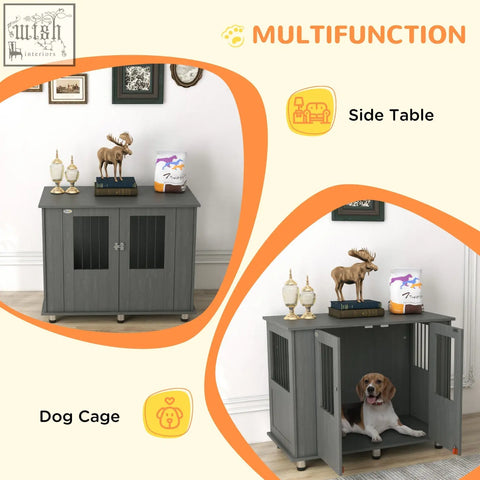 Gray pawhut dog cage side table with glass magnetic door and metal legs for medium and large dogs indoor use