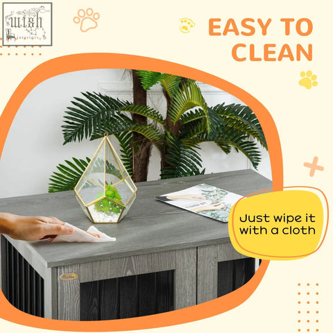 Geometric glass terrarium with gold metal frame and green moss inside on pawhut dog crate table with magnetic door gray