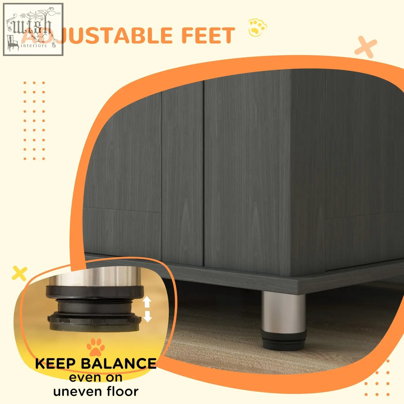 Adjustable feet on grey pawhut dog crate table with magnetic door for medium and large dogs to balance on uneven floors