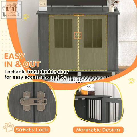 Dark gray pawhut dog cage with double doors safety lock and magnetic door for indoor use medium large dogs