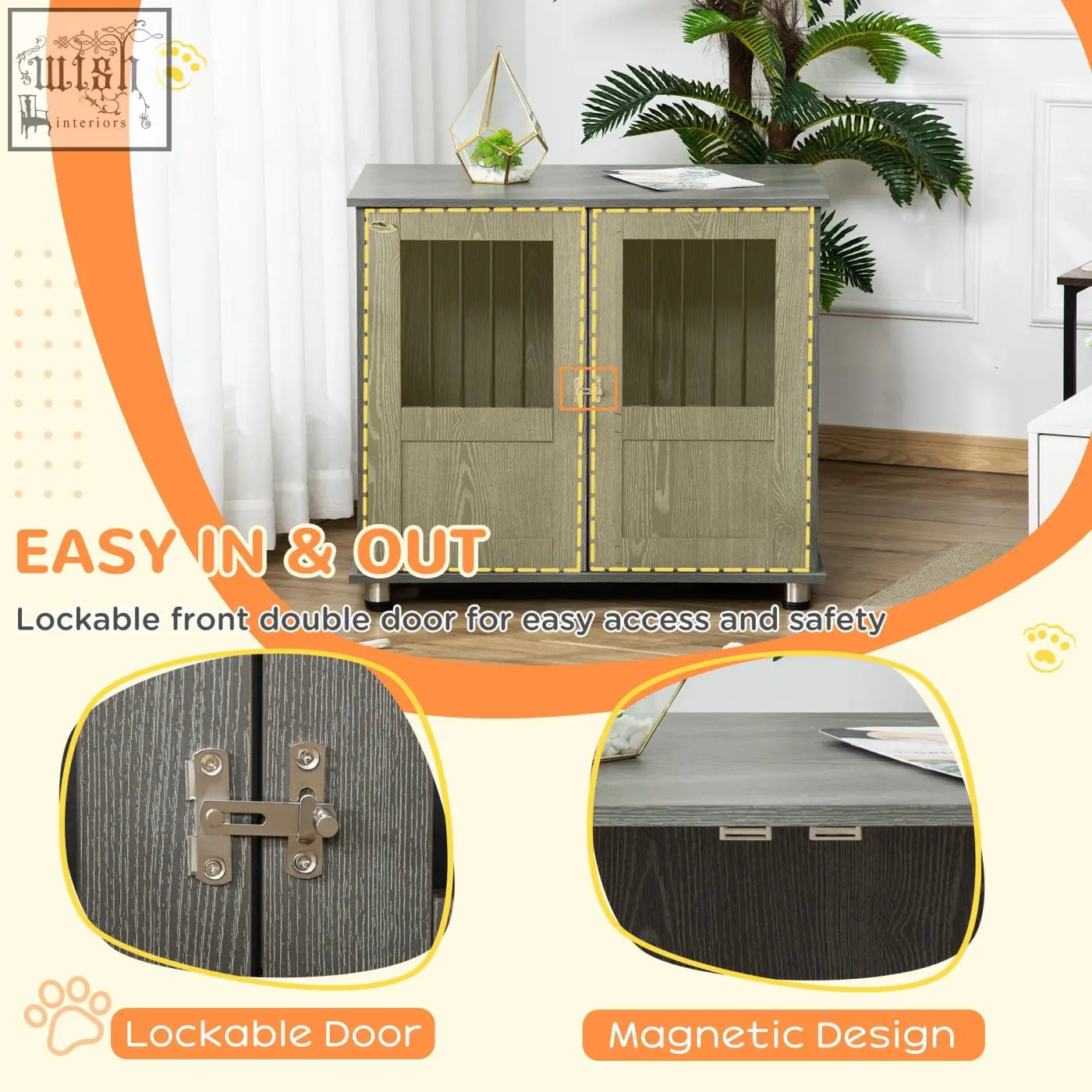 Gray wood-grain pawhut dog cage with double magnetic doors and metallic hardware for indoor use