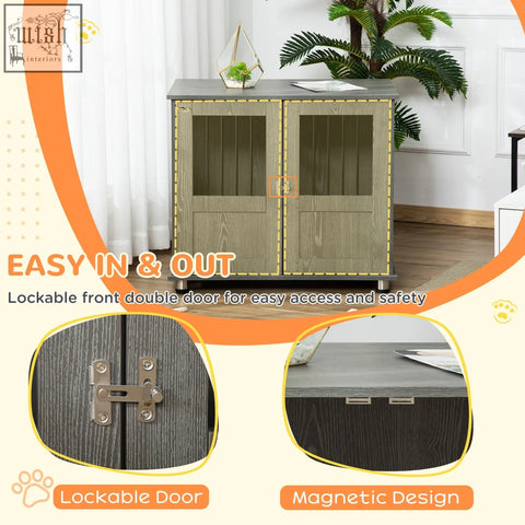 Gray wood-grain pawhut dog cage with double magnetic doors and metallic hardware for indoor use