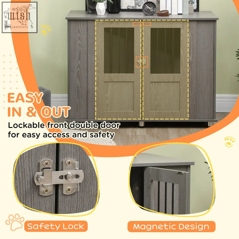 Gray wood-grain pawhut dog cage with glass panels and magnetic door for medium to large dogs indoor use