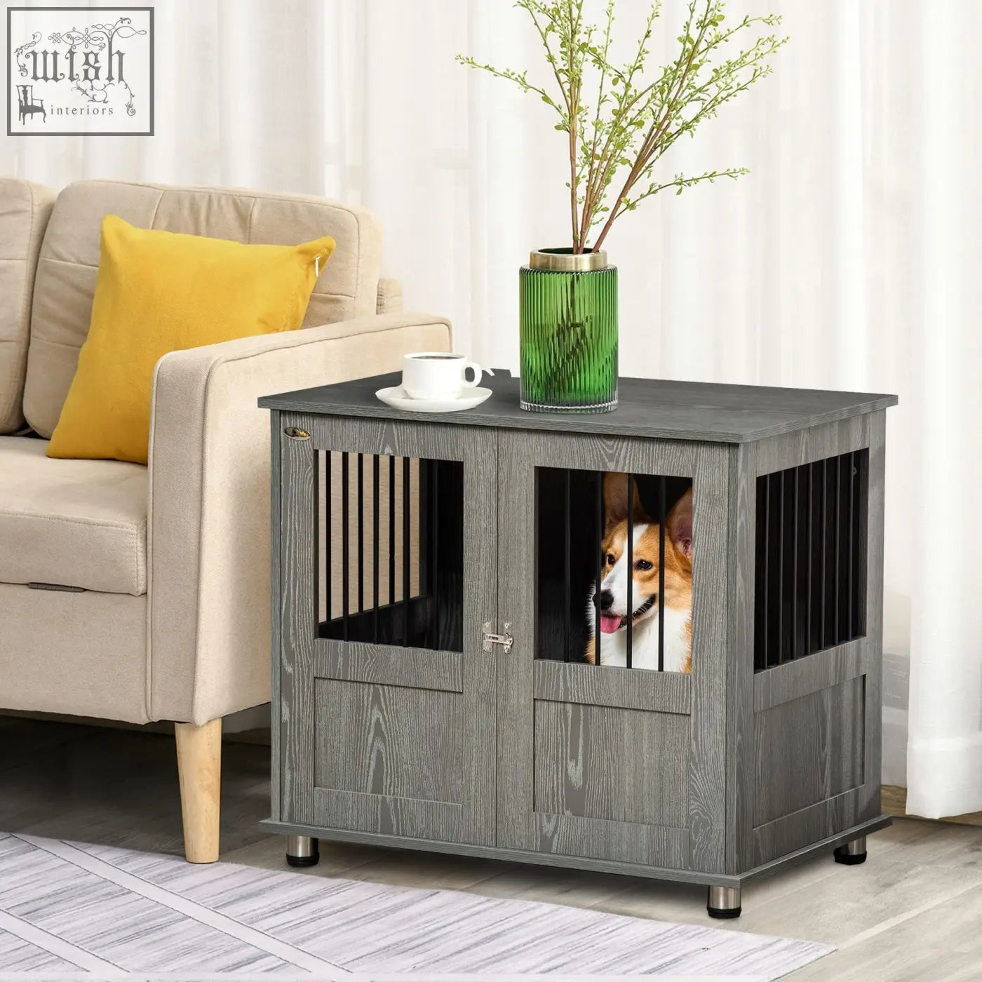 Gray wooden pawhut dog crate table with black vertical slats and magnetic door for indoor use dog cage