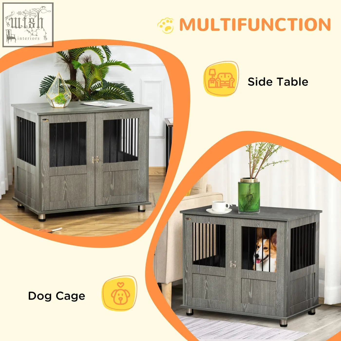 Gray wooden pawhut dog cage with black vertical slats and magnetic door doubles as a side table for indoor use