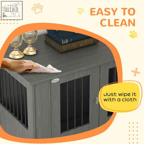 Gray wooden pawhut dog cage with vertical slats and magnetic door designed as an indoor dog crate table