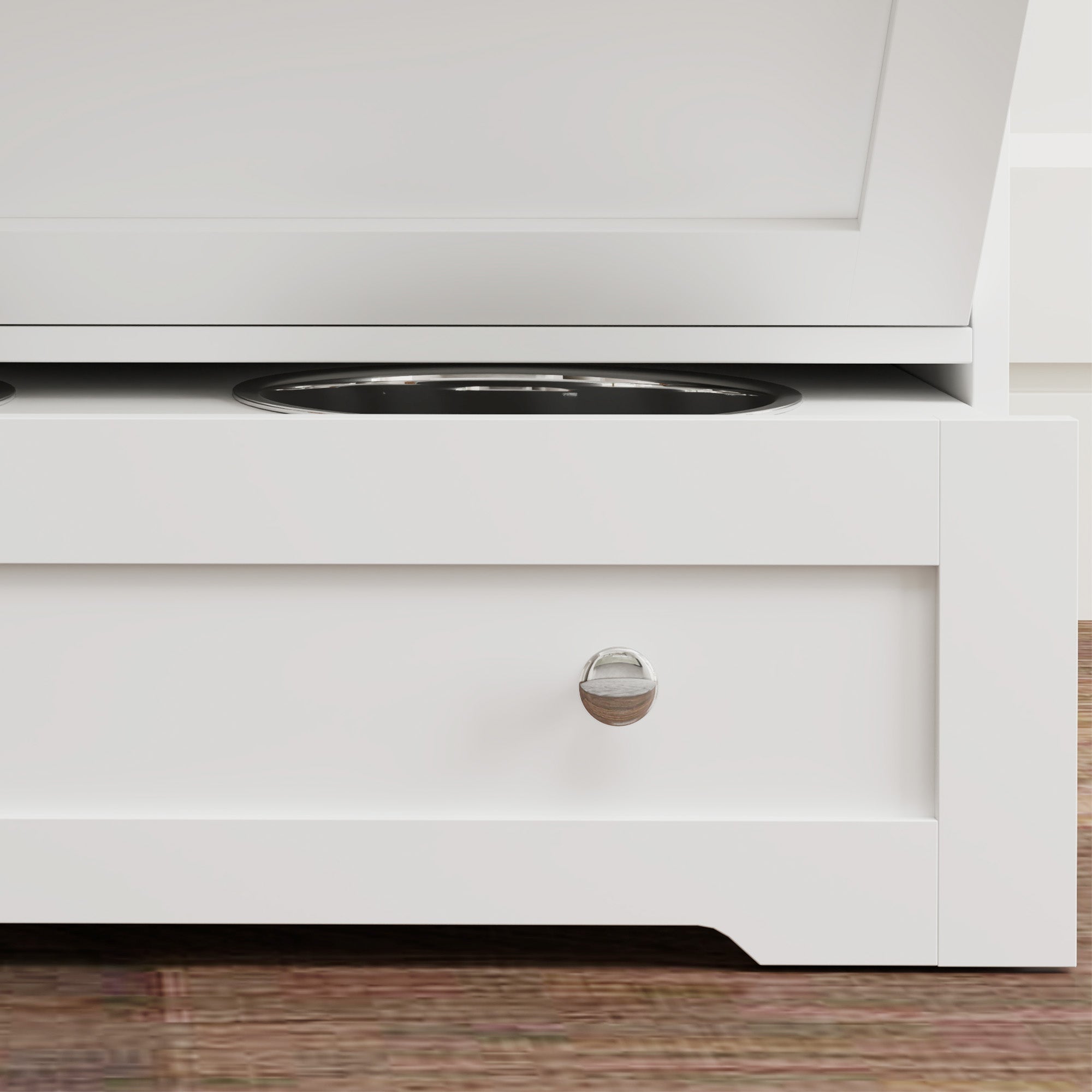 White wooden pawhut dog feeding station with stainless steel bowl rack, upper cabinet, and wood finish drawer pull
