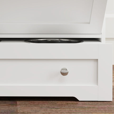 White wooden pawhut dog feeding station with stainless steel bowl rack, upper cabinet, and wood finish drawer pull