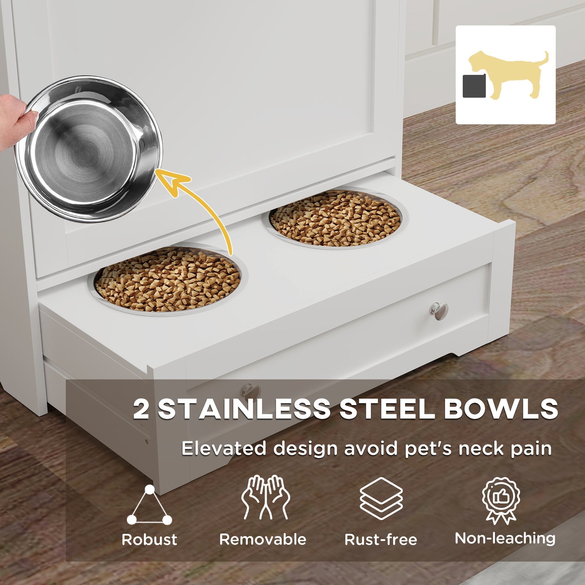 White elevated pawhut dog feeding station with stainless steel bowls bowl rack upper cabinet and side hooks