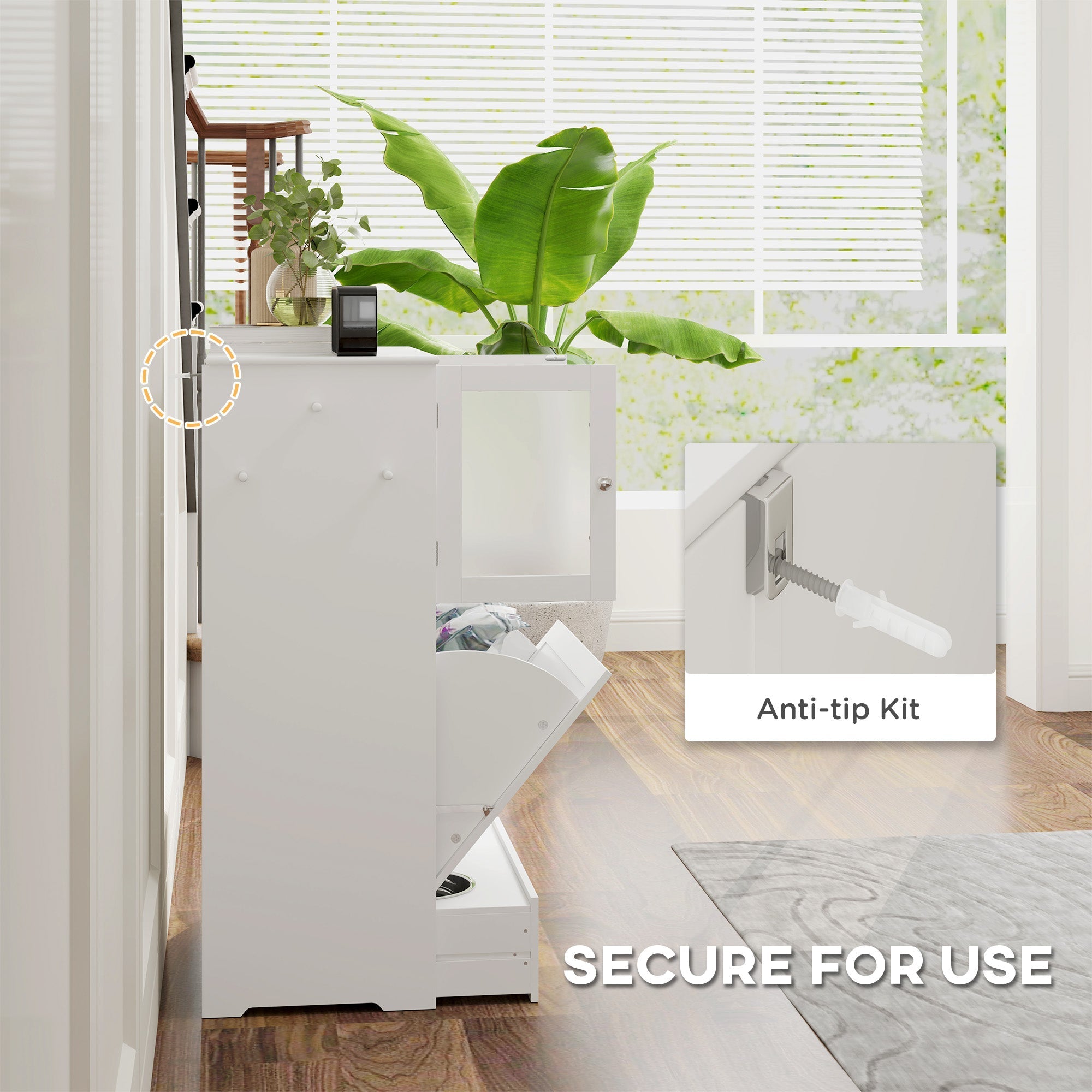 White plastic dog feeding station with glass upper cabinet, middle cabinet, bowl rack, and pull-out drawer storage