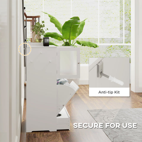 White plastic dog feeding station with glass upper cabinet, middle cabinet, bowl rack, and pull-out drawer storage
