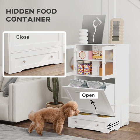 White pawhut dog feeding station with bowl rack, upper cabinet, middle cabinet, pull-out tray, and glass doors for pet meals