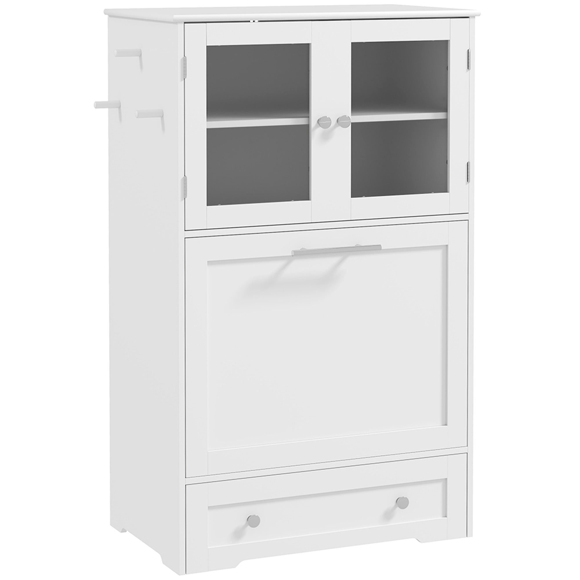 White wooden pawhut dog feeding station with glass upper cabinet, stainless steel bowl rack, drawer, and side hooks