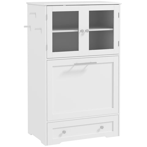 White wooden pawhut dog feeding station with glass upper cabinet, stainless steel bowl rack, drawer, and side hooks