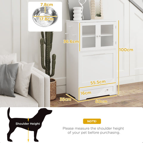 White pawhut dog feeding station with two-door upper cabinet glass panels drawer bowl rack and stainless steel bowls