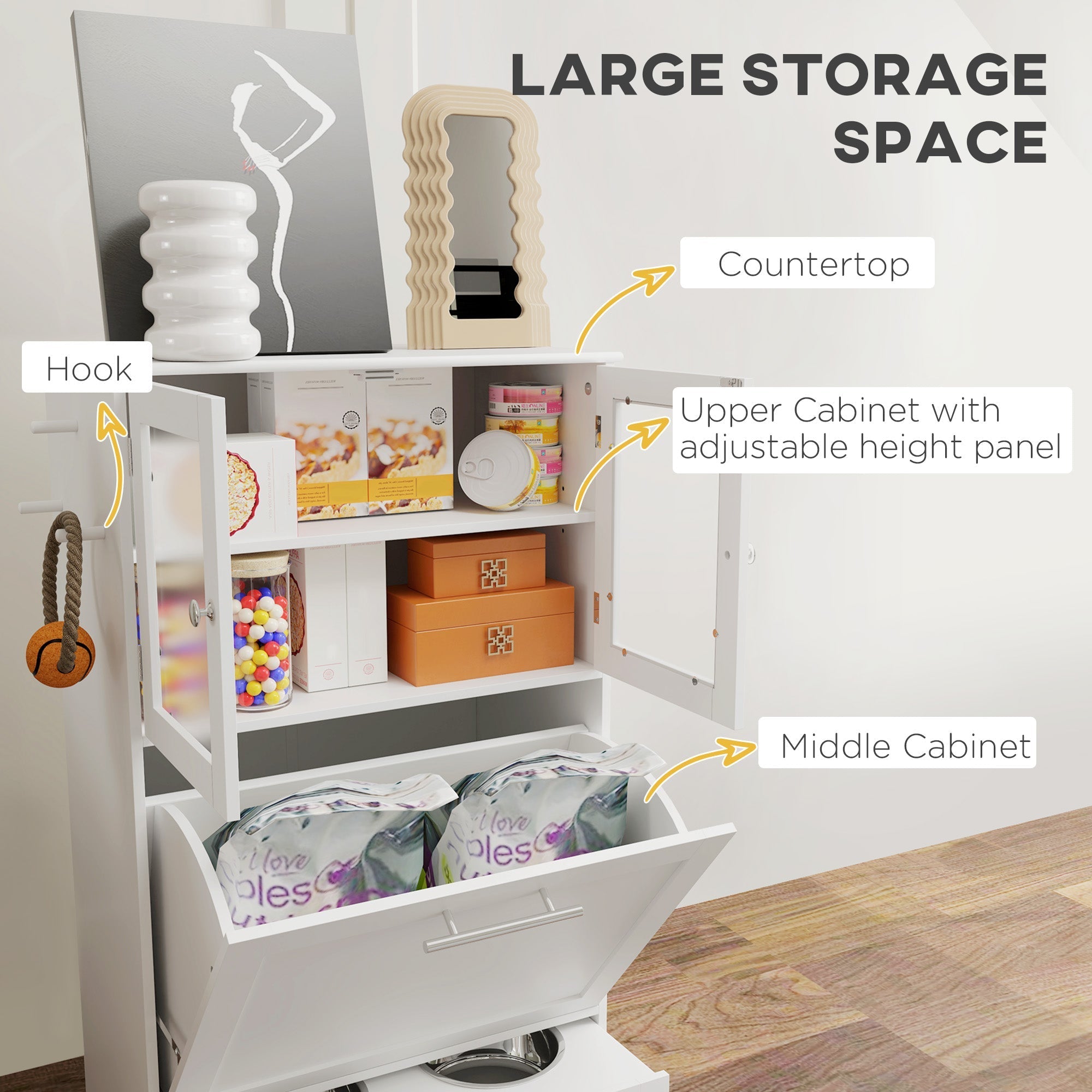 White pawhut dog feeding station with bowl rack, adjustable middle cabinet, upper cabinet, and pull-out drawer storage