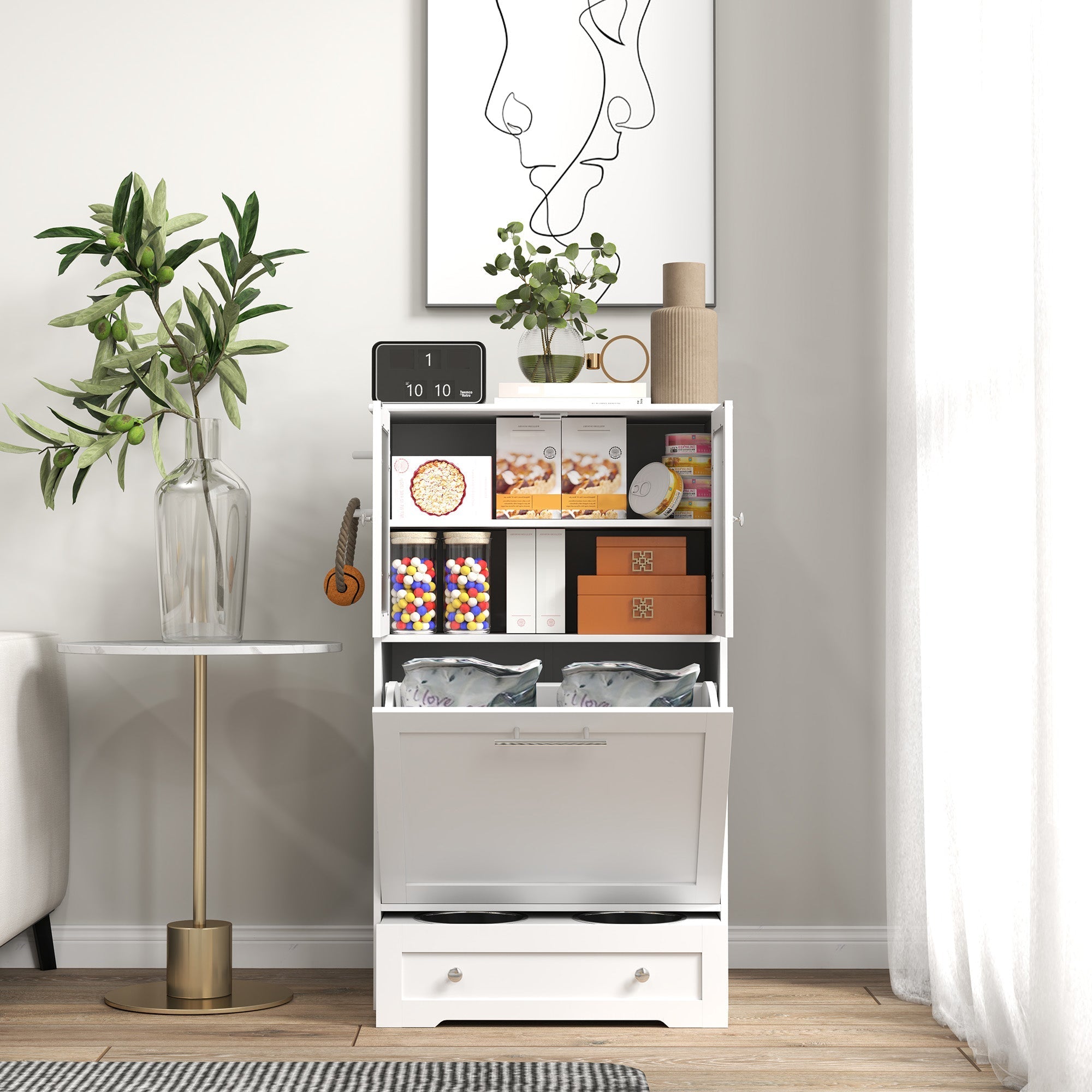 White pawhut dog feeding station with bowl rack, upper cabinet, middle cabinet, pull-out drawer, and clean minimalist design