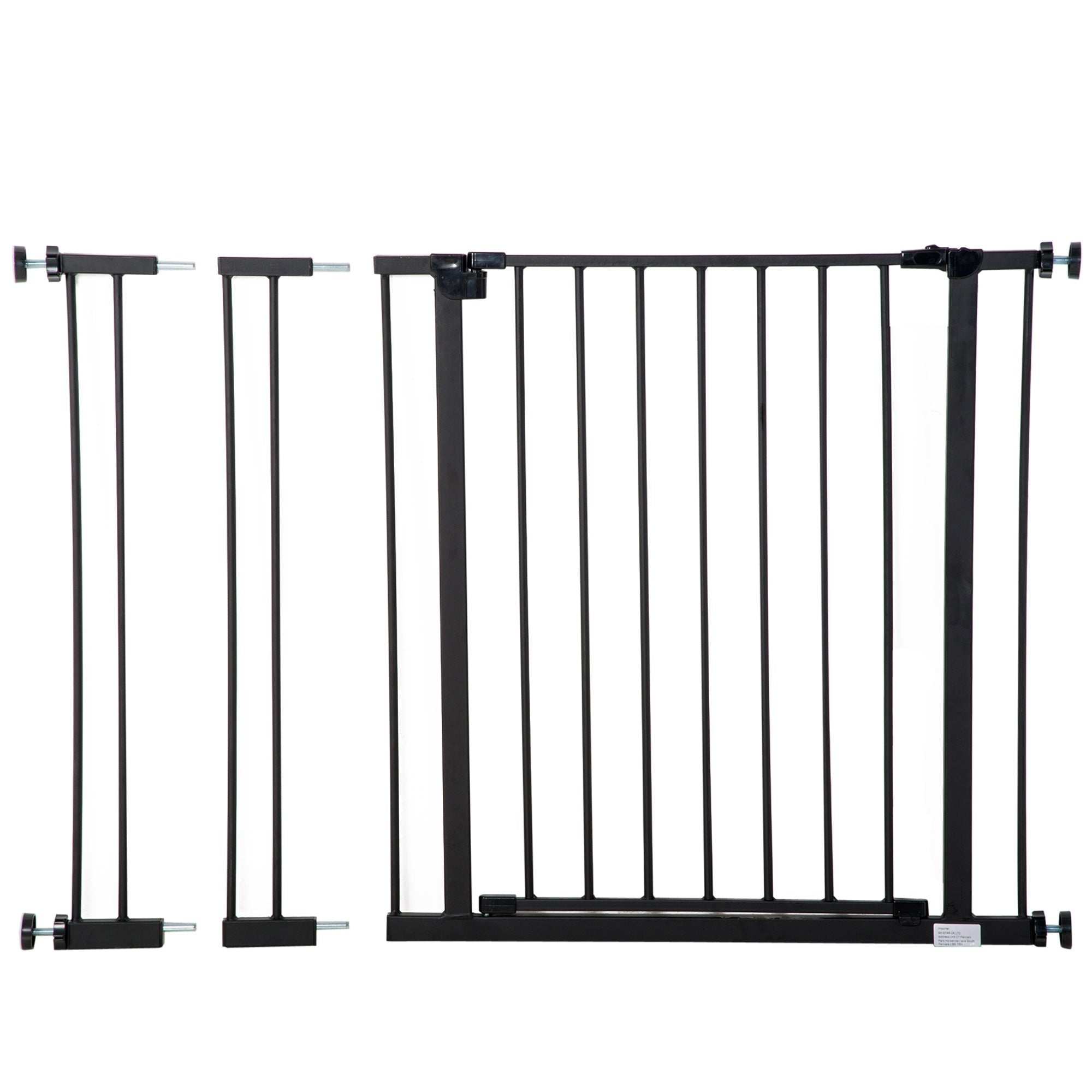 Black metal baby gate with vertical bars and adjustable side panels made of powder coated coated steel pet safety gate