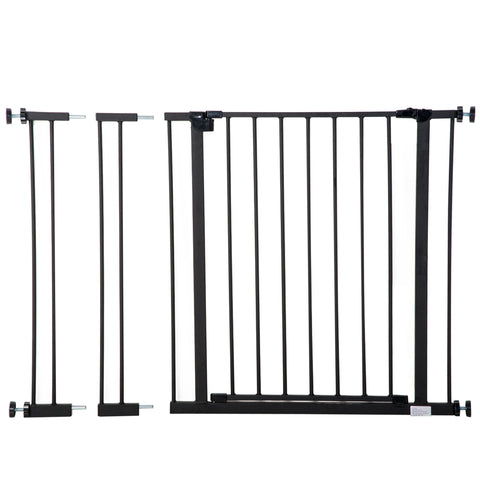 Black metal baby gate with vertical bars and adjustable side panels made of powder coated coated steel pet safety gate