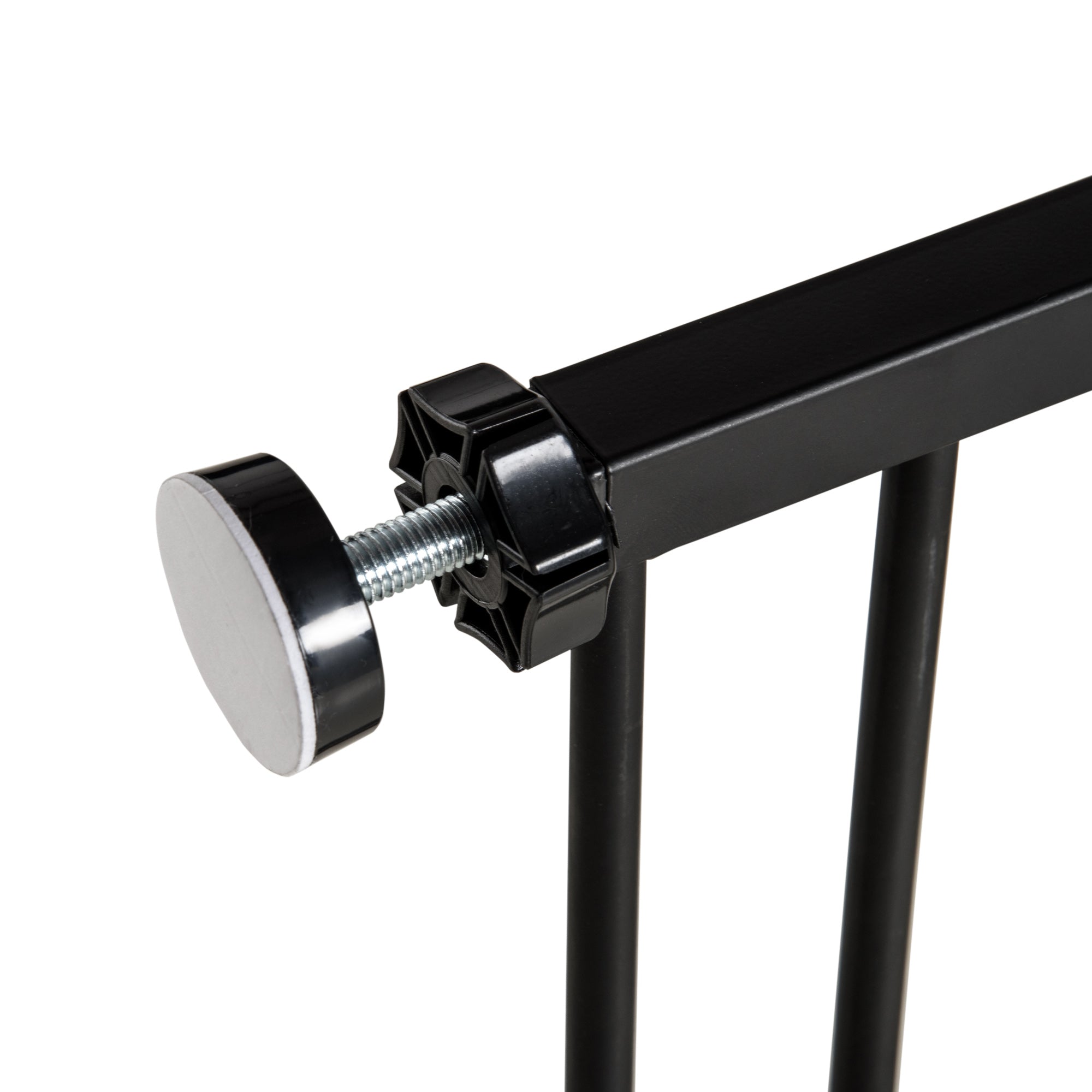 Black metal frame pet safety gate with powder coated steel, star-shaped black knob, and silver screw head for stairs barrier
