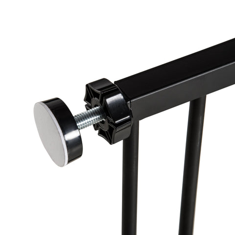 Black metal frame pet safety gate with powder coated steel, star-shaped black knob, and silver screw head for stairs barrier
