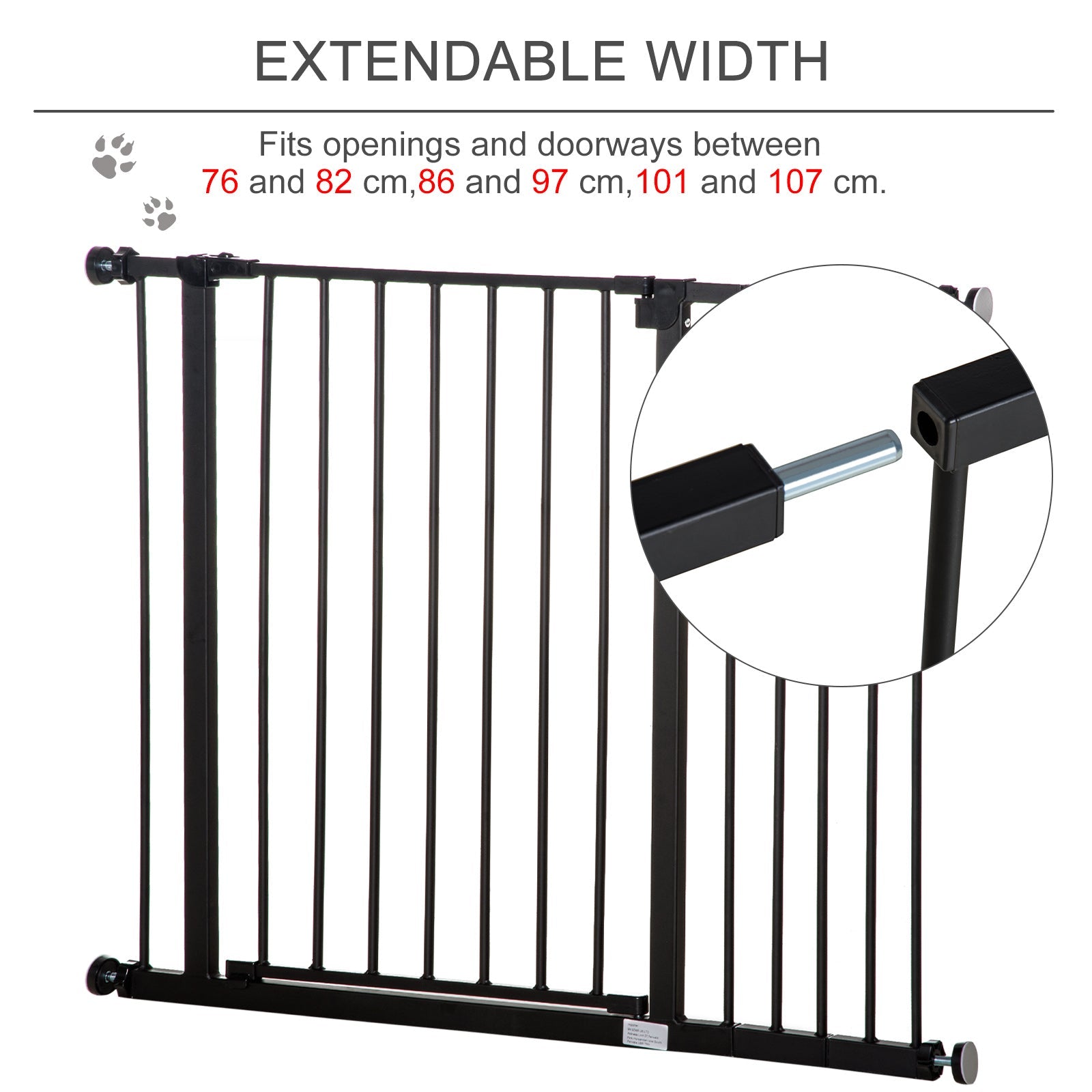 Black pawhut pet safety gate with adjustable width vertical bars made of powder coated coated steel for doorways