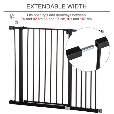 Black pawhut pet safety gate with adjustable width vertical bars made of powder coated coated steel for doorways